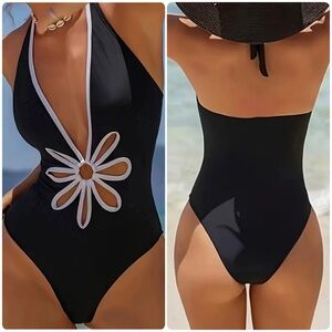 Black White Floral Cutout Halter One Piece Swimsuit